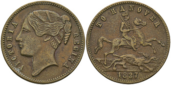 АНГЛИЯ ЖЕТОН, ТОКЕН 1837 КОРОЛЕВА ВИКТОРИЯ, ГАННОВЕР, ДИАМЕТР 21,5 ММ. бронза 98-832