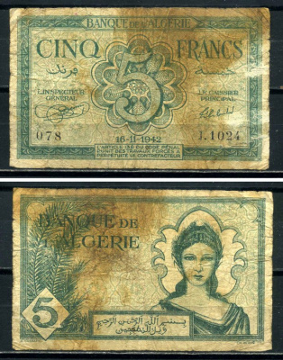 Алжир 5 франков 1942 16 ноября 1942 Pick 91 бумага 3295-81-1-2