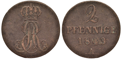 Ганновер 2 пфеннига 1843 A, Эрнст Август (1837-1851) KM 174.1, AKS 122, J. 55 медь 75-1751