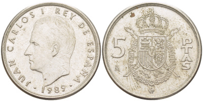 ИСПАНИЯ 5 ПЕСЕТ 1989 ХУАН КАРЛОС I ( 1975-) KM 823 медно-никель 216-654