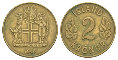 Исландия 2 кроны 1946 KM 13 алюминиевая бронза 4635-116