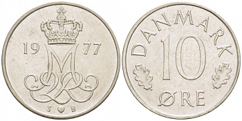ДАНИЯ 10 ЭРЕ 1977 S; B, МАРГРЕТЕ II (1972-) KM 860.1 медно-никель 3309-164