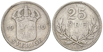Швеция 25 эре 1910 W, Густав V (1907-1950) KM 785 серебро 44-741