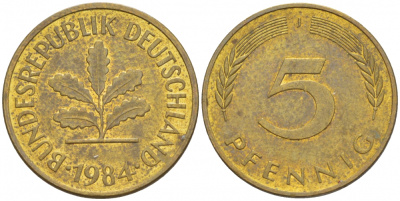 ФРГ 5 ПФЕННИГОВ 1984 J KM 107, J. 382 сталь плакированная латунью 3851-1042