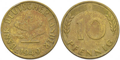 ФРГ 10 ПФЕННИГОВ 1949 J KM 103, J.378 сталь плакированная латунью 113-1044