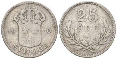 Швеция 25 эре 1910 W, Густав V (1907-1950) KM 785 серебро 44-741