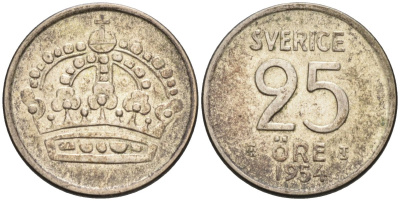 Швеция 25 эре 1954 Густав VI Адольф (1950-1973) KM 824 серебро 4585-438