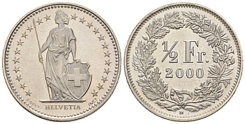 Швейцария 1/2 франка 2000 B HMZ 2.1206, Divo/Tob19.309a, KM 23a, Schoen 27a, Schoen 57 медно-никель UNC 4516-229