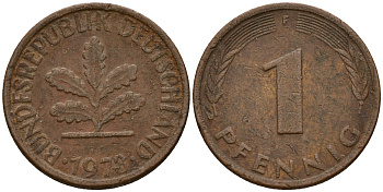 ФРГ 1 пфенниг 1973 F KM 105, J. 380 сталь плакированная медью    4598-539