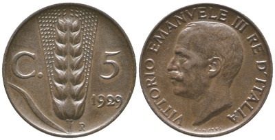 ИТАЛИЯ 5 ЧЕНТЕЗИМО 1929 R, КОЛОС, ВИКТОР ИМАНУИЛ III (1900-1946) KM 59 медь 34-247