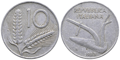 Италия 10 лир 1953 R, плуг, колосья KM 93 алюминий 4383-721