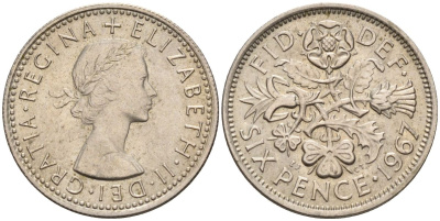 Великобритания 6 пенсов 1967 Елизавета II (1952-2022) KM 903, Spink 4149 медно-никель 4154-247