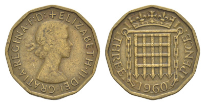 Великобритания 3 пенса 1960 Елизавета II (1952-2022) KM 900, Spink 4153 никель латунь 4571-836