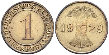ГЕРМАНИЯ 1 РЕЙХСПФЕННИГ 1929 A KM 37, J. 313, Weege 2 бронза 4547-137