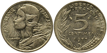 ФРАНЦИЯ 5 САНТИМОВ 1977 ТИП MARIANNE KM 933 медь алюминий никель 261-649