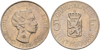 Люксембург 5 франков 1962 Великая герцогиня Шарлотта (1919-1964) KM 51 медно-никель 4143-1244