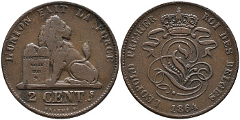 БЕЛЬГИЯ 2 САНТИМА 1864 BELGES KM 4.2 медь 95-636