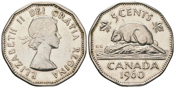 Канада 5 центов 1960 бобр, Елизавета II (1952-2022) KM 50a никель 192-446