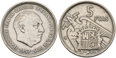 Испания 5 песет 1957 (59) Франсиско Франко (1939-1975) KM 786 медно-никель    4153-213