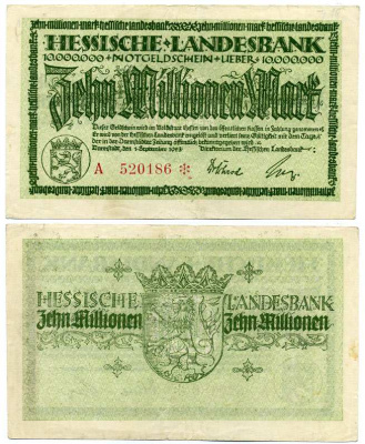 ДАРМШТАДТ, ГЕРМАНИЯ 10000000 МАРОК (10 МИЛЛИОНОВ МАРОК) 1923 1 СЕНТЯБРЯ 1923, НОТГЕЛЬД, ЗЕМЛЯ ГЕССЕН, СЕРИЯ А, НОМЕР, СНЕЖИНКА, HESSESCHE LANDESBANK Keller 956с бумага аUNC 8613-26-2-2