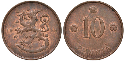 Финляндия 10 пенни 1938 KM 24 медь 51-3014
