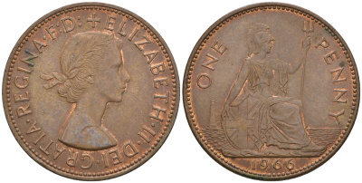Великобритания 1 пенни 1966 Елизавета II (1952-2022) KM 897, Spink 4157 бронза 4607-1242