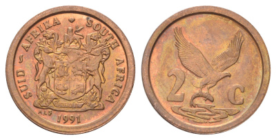 ЮАР 2 цента 1991 орел с рыбой KM 133 сталь плакированная медью UNC 4696-937