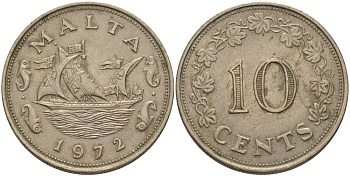 Мальта 10 центов 1972 баржа Великого магистра KM 11 медно-никель 82-542