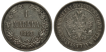 Россия для Финляндии 1 марка 1893 L, Александр III (1881-1894) KM 3.2, Биткин 232 серебро 1522-131