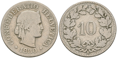 Швейцария 10 раппенов 1880 В KM 27 медно-никель 08-1423