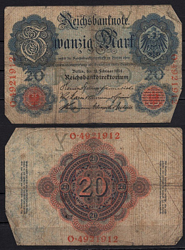Германия 20 марок 1914 Pick 46b бумага 8592-18-4-2