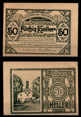 Австрия, Кирхдорф-на-Инне 50 геллеров 1920 Jaksc/Pick JPR0444c-50 бумага aUNC 2193-24-3-2