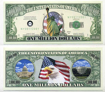 США 1000000 ДОЛЛАРОВ 2001 СУВЕНИРНАЯ БАНКНОТА, БЕЛЫЙ ДОМ И КАПИТОЛИЙ бумага UNC (ПРЕСС) 8588-68-4-1
