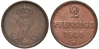 Ганновер 2 пфеннига 1845 B, Эрнст Август (1837-1851) KM 202.1, AKS 124, J. 75 медь 75-1827