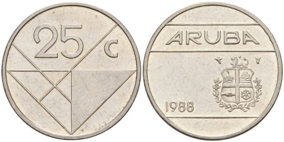 Аруба 25 центов 1988 Беатрикс (1980-2013) KM 3 сталь плакированная никелем 4141-122