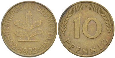 ФРГ 10 ПФЕННИГОВ 1972 F KM 108, J. 383 сталь плакированная латунью 4182-826