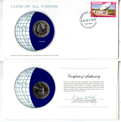 Танзания 1 шиллинг 1980 конверт с маркой первого дня гашения, Coins of Nations KM 4 медно никель UNC 4294-73-2