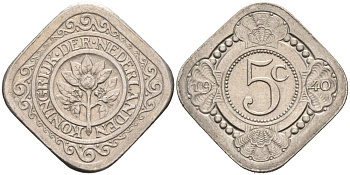 Нидерланды 5 центов 1940 Вильгельмина (1890-1948) KM 153 медно-никель 4575-722