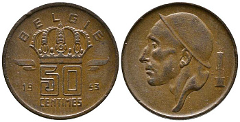 БЕЛЬГИЯ 50 САНТИМОВ 1953 BELGIE KM 145 бронза 39-1248