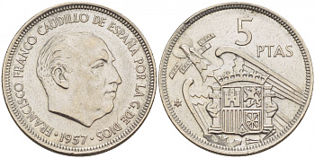 Испания 5 песет 1957 (75) Франциско Франко (1939-1975) KM 786 медно-никель 4402-1232
