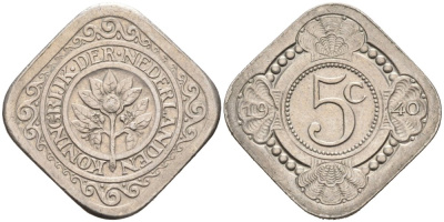 Нидерланды 5 центов 1940 Вильгельмина (1890-1948) KM 153 медно-никель 4575-722