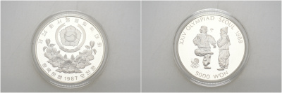 Южная Корея 5000 вон 1987 XXIV Летние Олимпийские игры в Сеуле 1988 года, национальный спорт Chegi Kicking KM 61 серебро PROOF 1087-9-35