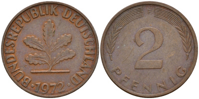 ФРГ 2 пфеннига 1972 F J.381a, KM 106a сталь плакированная медью    4598-769