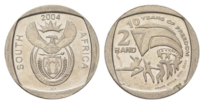 ЮАР 2 ранда 2004 10 лет первым всеобщим выборам KM 334 медь плакированная никелем UNC 4628-127
