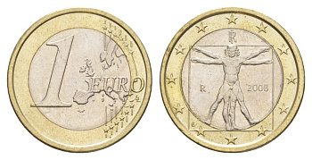 Италия 1 евро 2008 Витрувианский человек KM 250 биметалл aUNC 4629-431