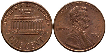 США 1 ЦЕНТ 1995 ЛИНКОЛЬН KM 201b цинк плакированный медью 66-1056