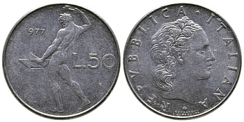 Италия 50 лир 1977 R, бог огня Вулкан у наковальни KM 95.1 сталь    91-744