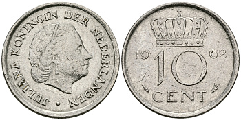 НИДЕРЛАНДЫ 10 ЦЕНТОВ 1962 ЮЛИАНА KM 182 никель 96-339
