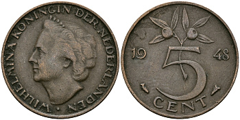 НИДЕРЛАНДЫ 5 ЦЕНТОВ 1948 ВИЛЬГЕЛЬМИНА KM 176 бронза 95-226
