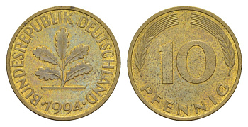 Германия 10 пфеннигов 1994 J KM 108, J. 383 сталь плакированная латунью 4627-225